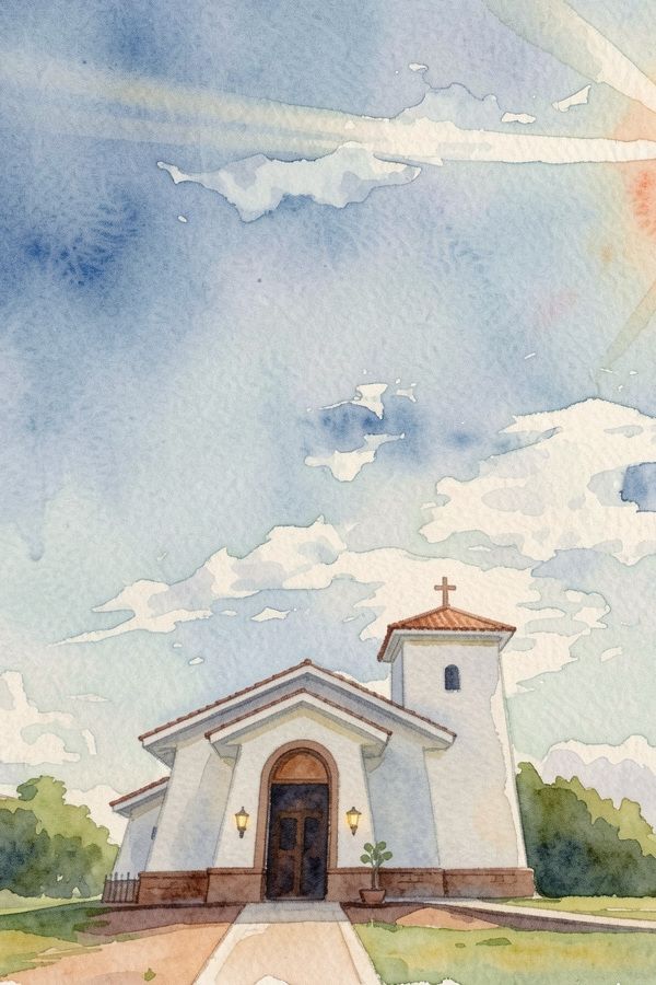 Ilustração em aquarela da capela vista de fora, sob um céu de sol aberto
